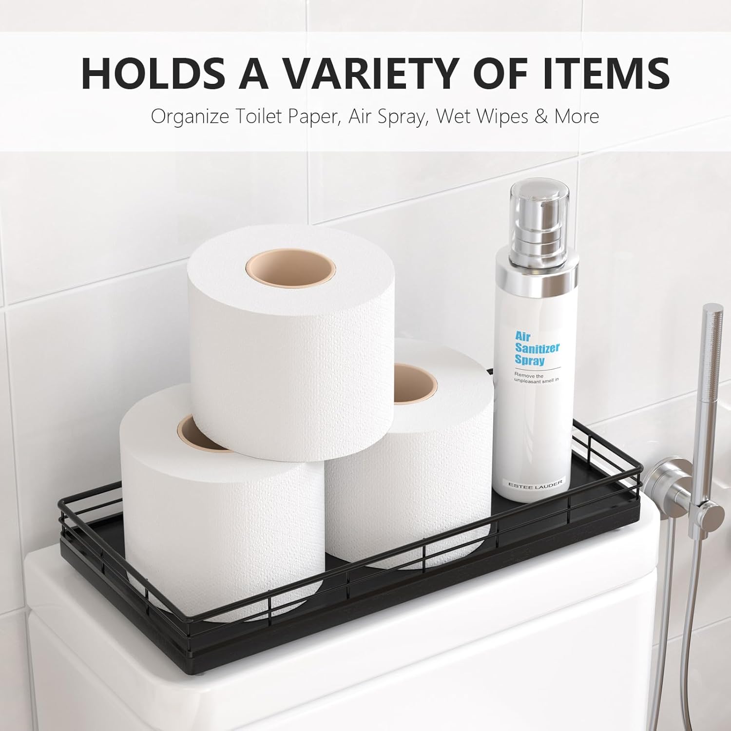 Toilet Paper Basket Organizer – Oak Wood Toilet Tank Tray with Metal Frame, Back of Tank or Top Bathroom Counter Storage – Black Modern Decor