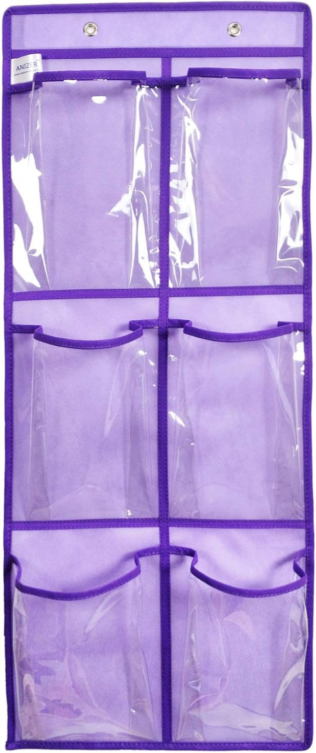 Over The Door Hanging Shoe Organizer Narrow Closet Door Shoe Storage 6 Large Clear Pockets Chart 2 Pack (PURPLE)