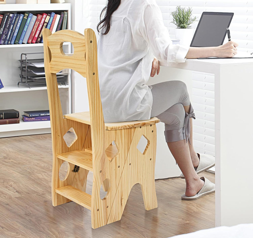 4 Step Foot Stool Chair 3 in 1 Wooden Library Ladder Solid Folding Portable W...
