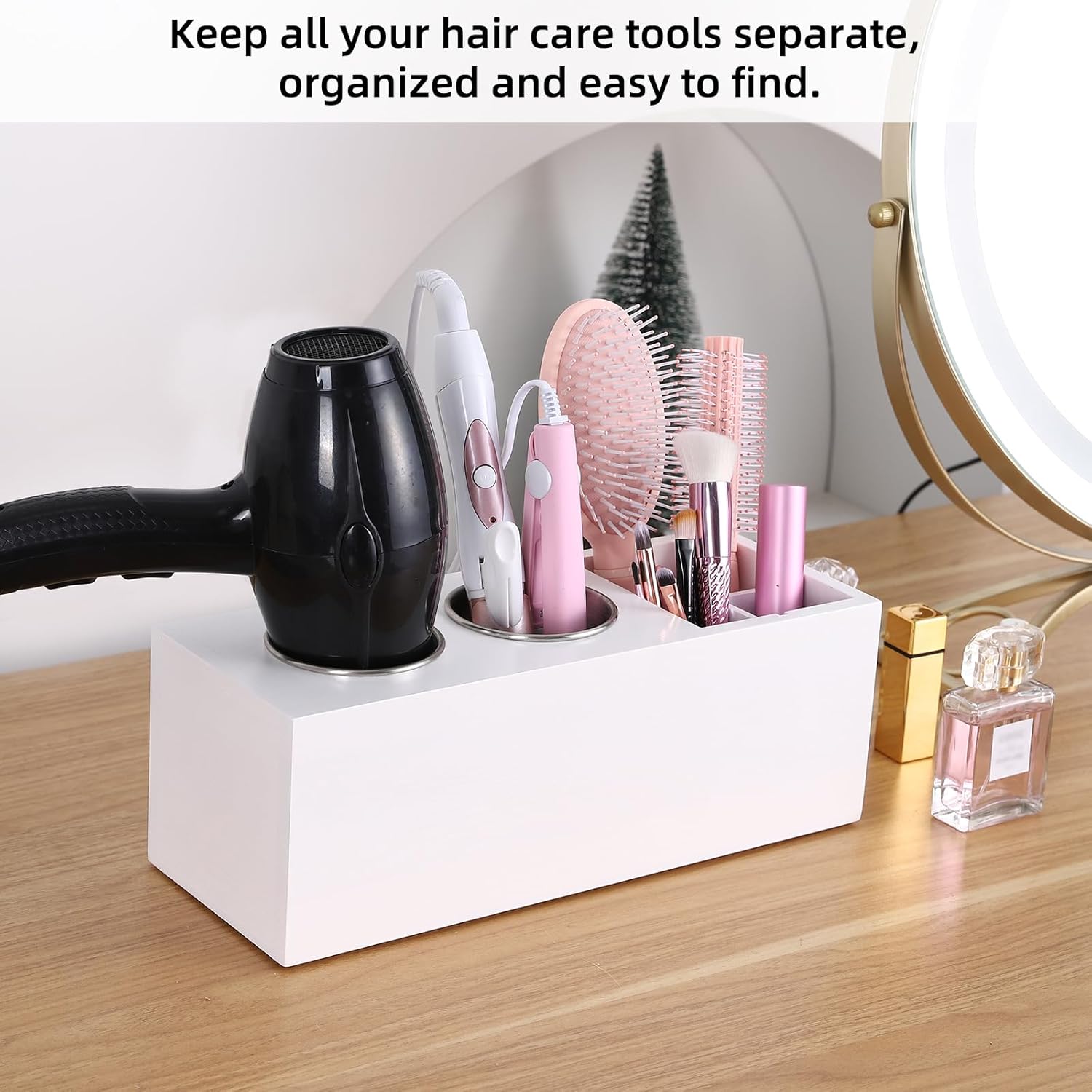 Hair Dryer Countertop Holder, Hair Tool Organizer Wall Mount, Blow Dryer Holder Cabinet Door Organizer, Bathroom Countertop Blow Dryer Holder and Curling Iron Holder (Cedar Wood, White)
