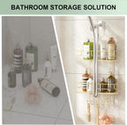 SRIWATANA Shower Caddy Hanging, Bathroom Organizer, No Drilling Shelves Over Shower Head, Bath Rack Holder with Hooks for Razors and Sponge - Gold