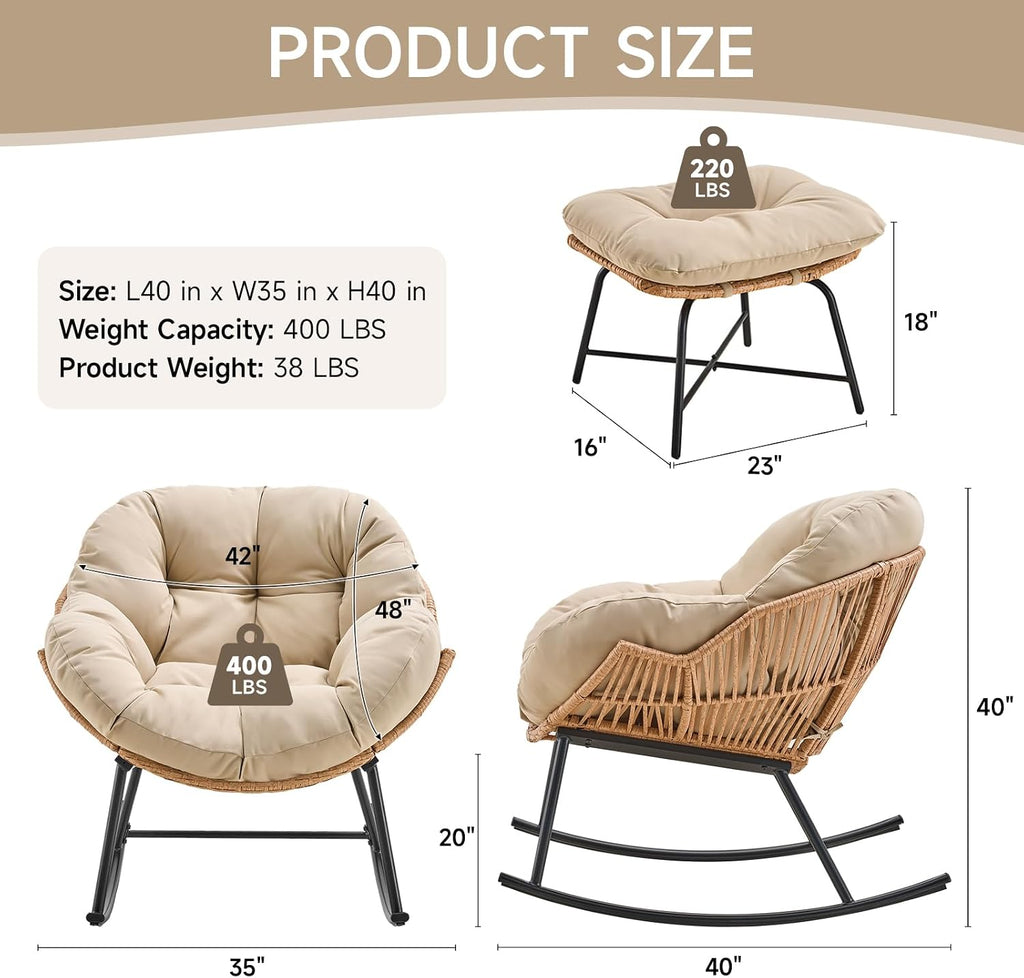 ONBRILL Papasan Rocking Chair with Ottoman, Oversized Papasan Chair, Beige | Indoor & Outdoor Rocker Chair with Padded Cushion for Living Room, Patio, Garden