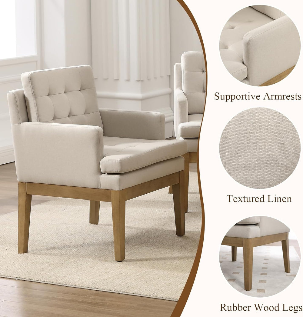 Linen Fabric Dining Chairs Set of 2, Upholstered Tufted Kitchen Room Chairs w...