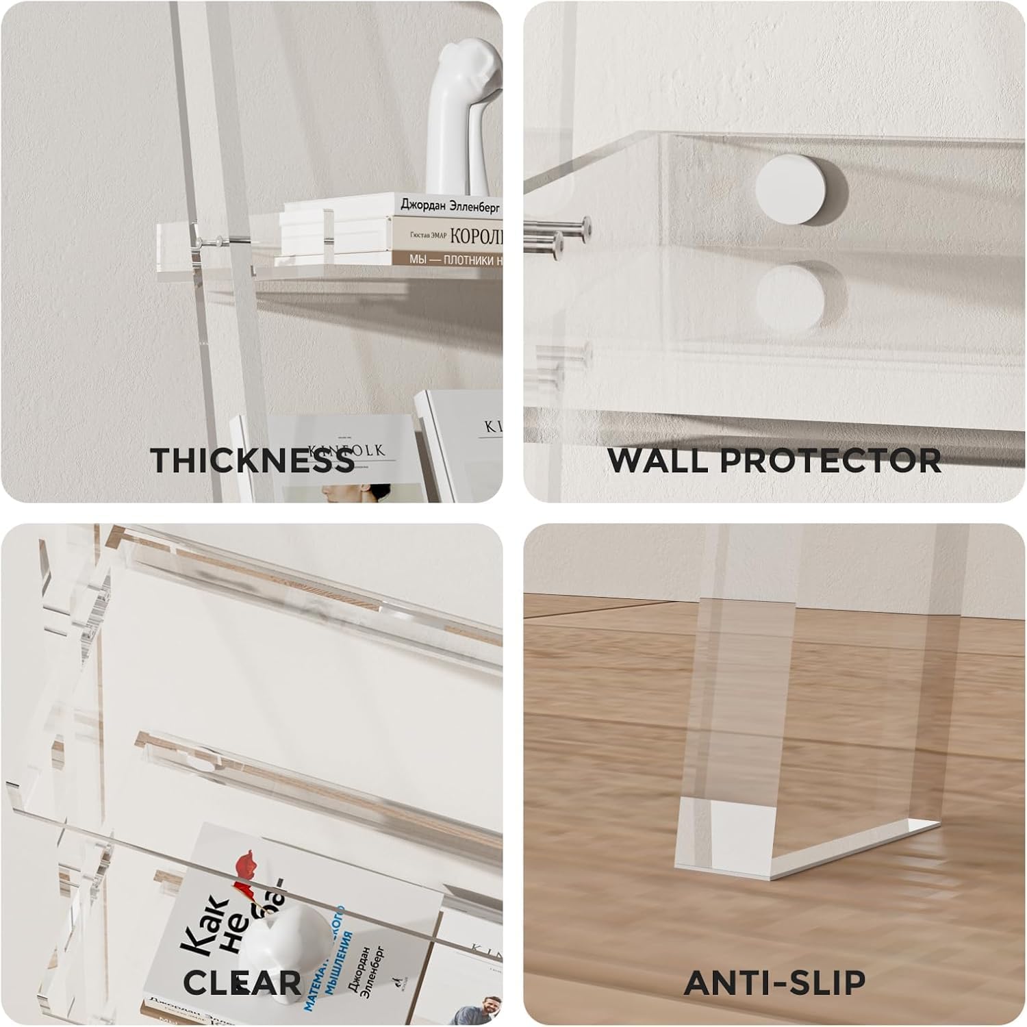 3 Tier Acrylic Ladder Shelf, Modern Clear Bookshelf with Open Shelves, Modern Acrylic Bookcase for Bathroom, Living Room, Kitchen, Office, Bedroom, 9.84" D x 24.96" W x 69.69" H