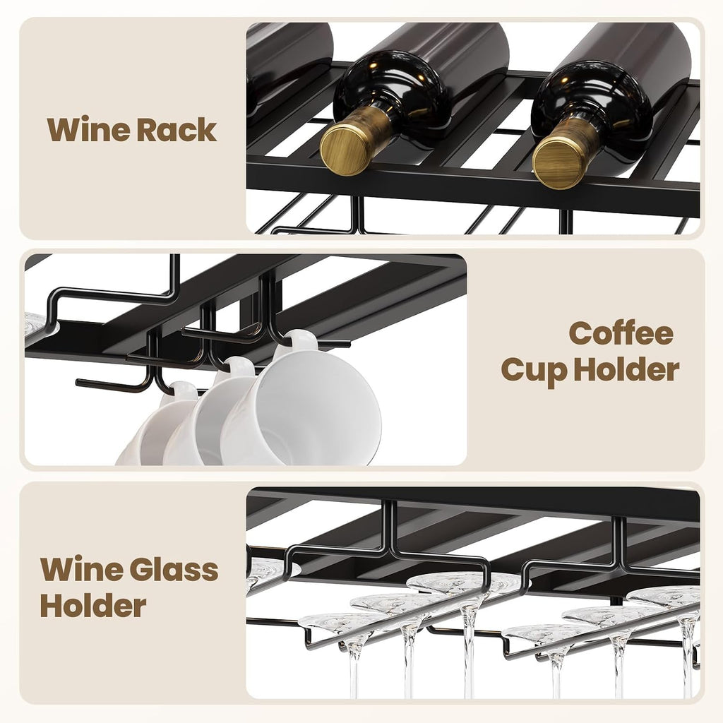 55" Industrial Ceiling Wine Glass Rack with LED, 3-Tier Ceiling Shelf with Wine Glass Holder and Acrylic Shelf, Hanging Wine Rack with Cup Holder for Bar, Home, Cafe