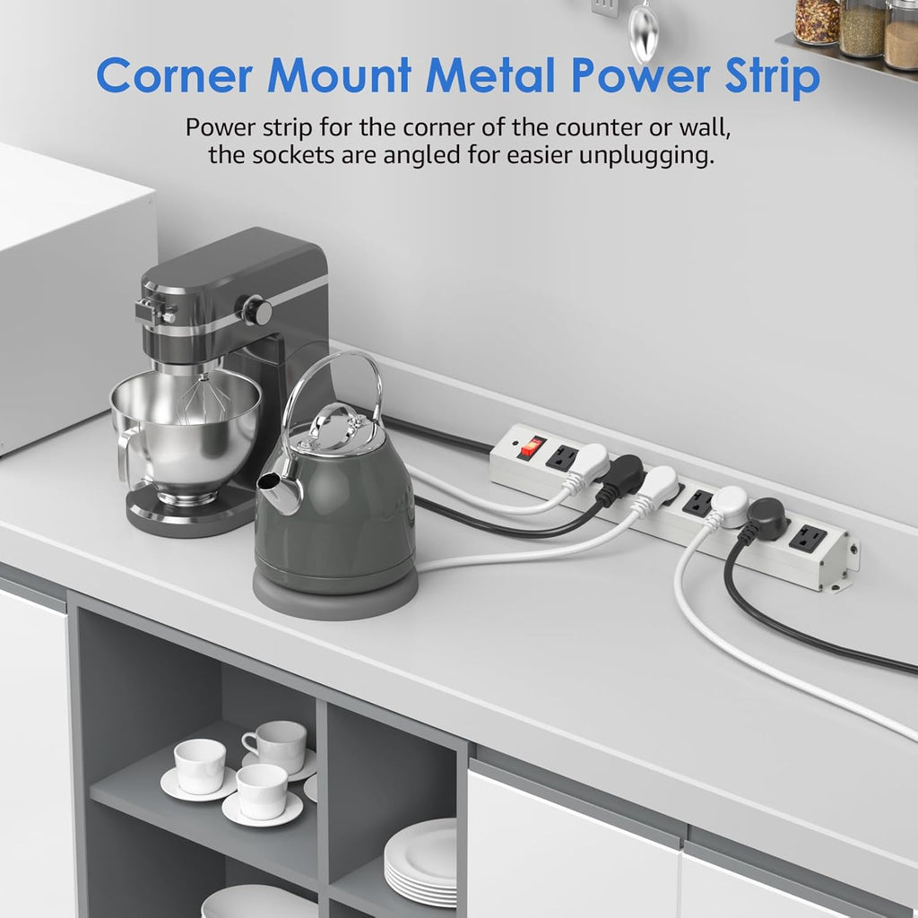 CCCEI 2-Pack Corner Mount Angle Power Strip, Under Cabinet Heavy Duty 8 Outlets Power Strip 20Amp, Metal Desk Plug Surge Protector, Wall Mountable, for Garage, Shop, Kitchen. 6FT Extension Cord.