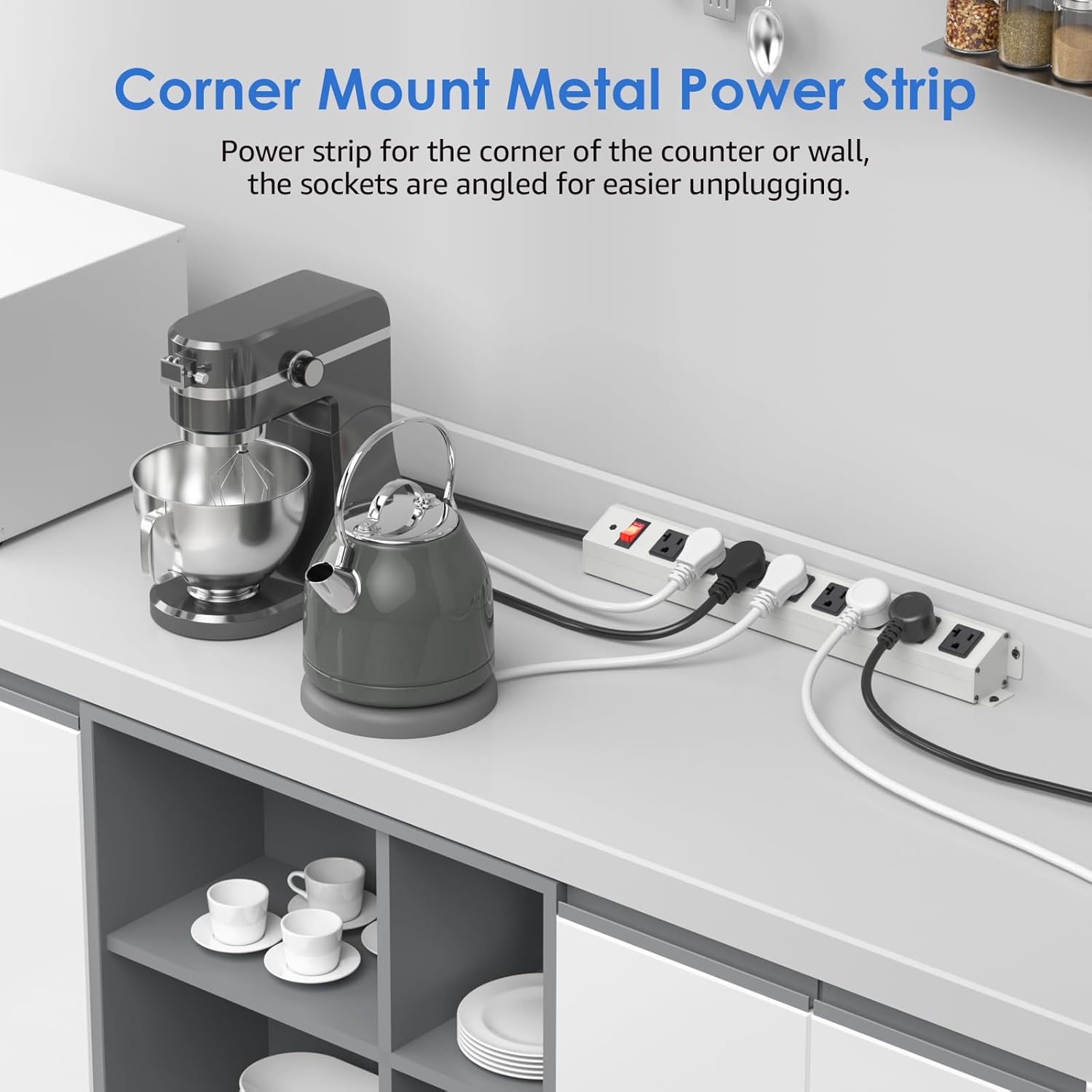 CCCEI 2-Pack Corner Mount Angle Power Strip, Under Cabinet Heavy Duty 8 Outlets Power Strip 20Amp, Metal Desk Plug Surge Protector, Wall Mountable, for Garage, Shop, Kitchen. 6FT Extension Cord.