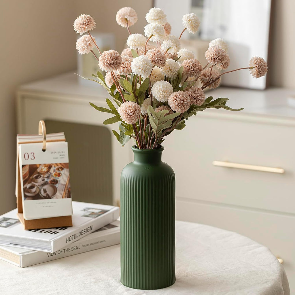 Green Ribbed Ceramic Vase for Flowers, Modern Textured Decorative Vase, 10 Inch Tall, 4 Inch Width, Farmhouse Style Home Decor (Matte Glaze Green)