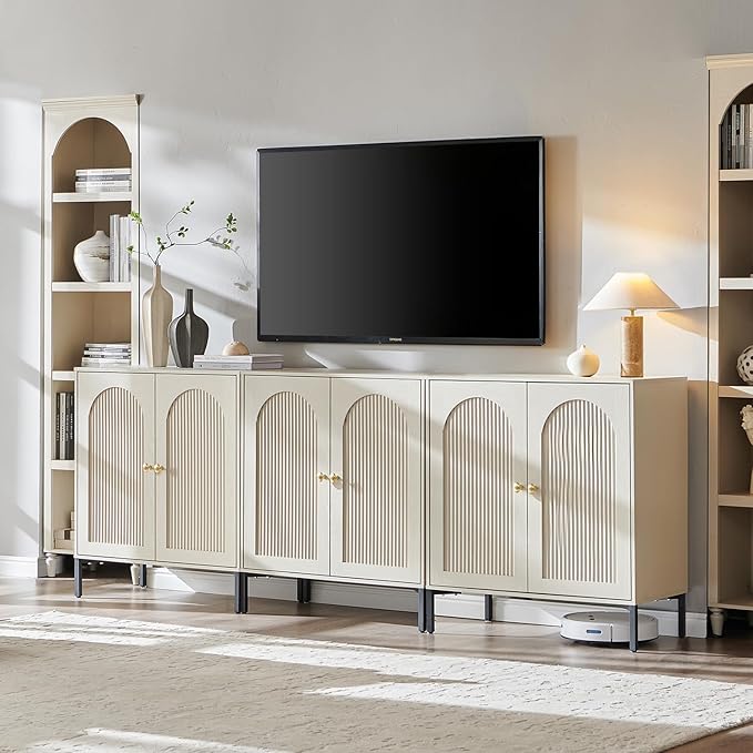 Modern TV Stands for 80 Inch TV, 92.63" W Wood Entertainment Center w/Adjustable Shelves, Mid Century Modern TV Stand w/Arched Fluted Doors, Media Console Cabinet for Living Room, Cream