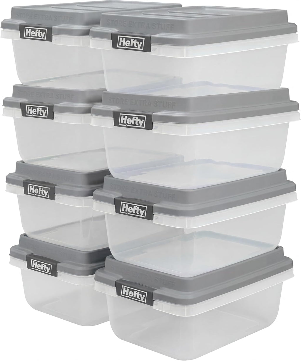 Hefty 18 Qt Hi-Rise Storage Bin with Lid, Stackable Plastic Storage Container, Organizer for Home, Garage & Closet, 8 Pack, Gray