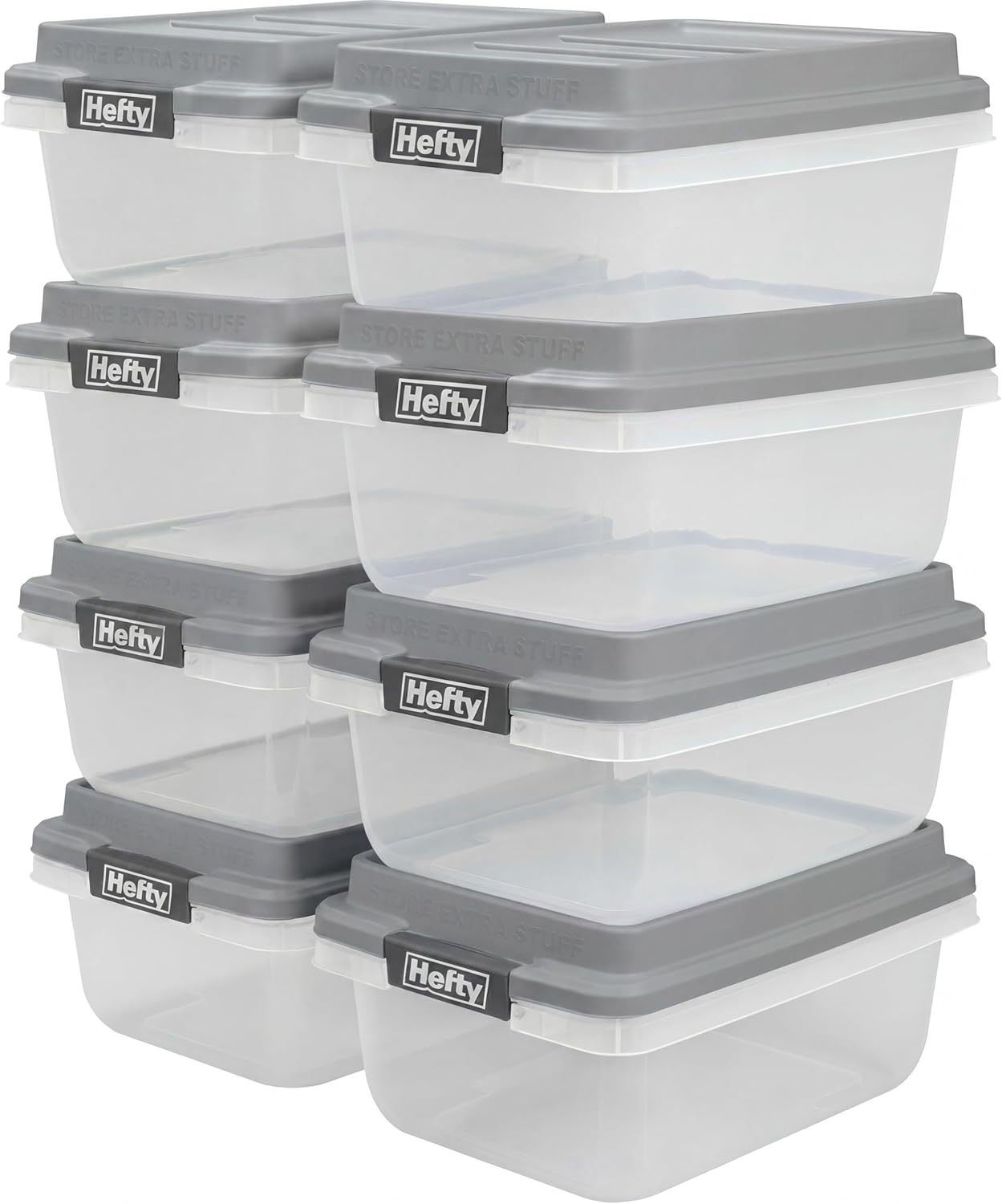 Hefty 18 Qt Hi-Rise Storage Bin with Lid, Stackable Plastic Storage Container, Organizer for Home, Garage & Closet, 8 Pack, Gray