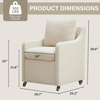 Rolled Dining Chair with Casters, Upholstered Modern Rolling Armchair with Wheels for Kitchen (1, Fabric Beige)
