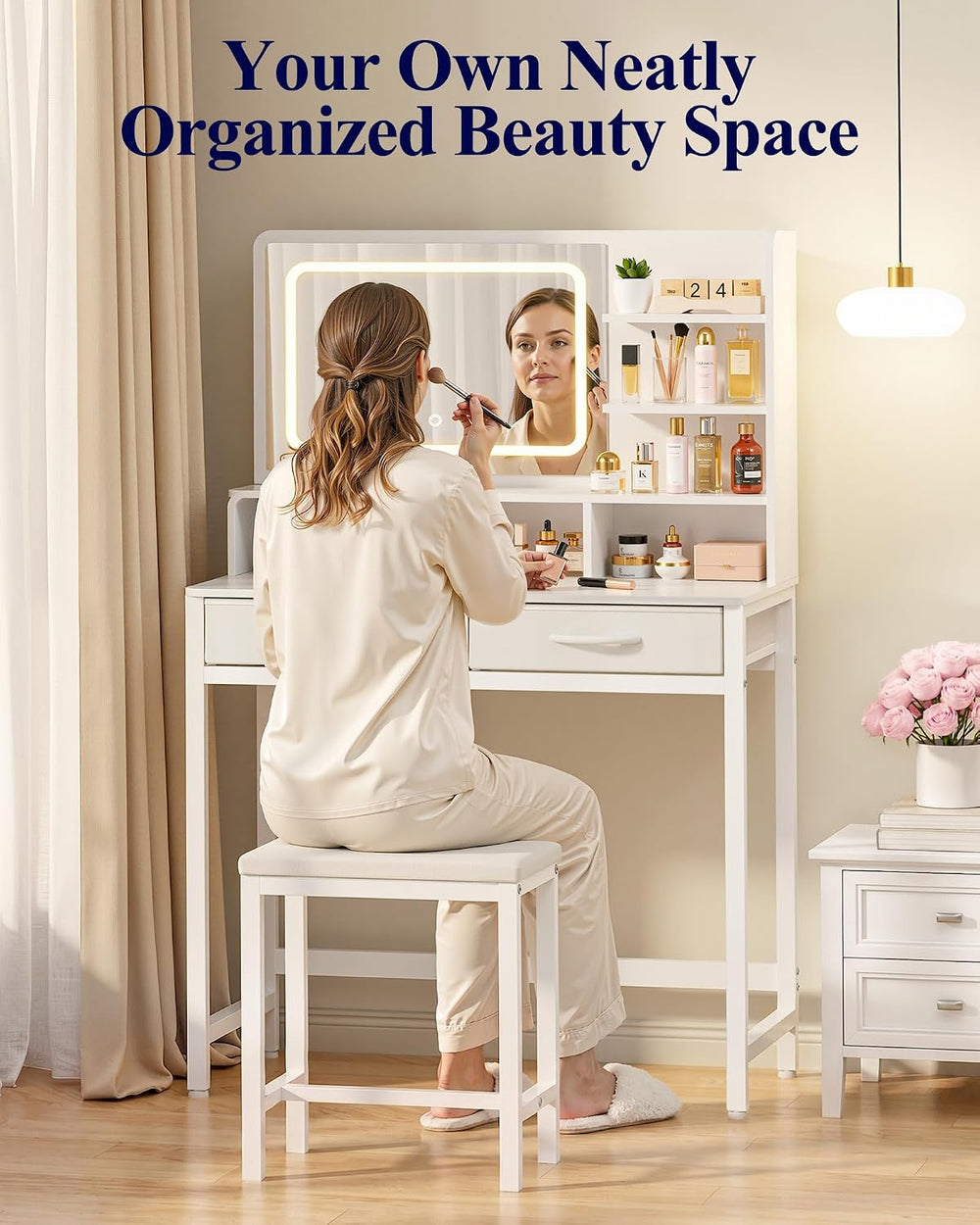 Kitsure 31.5" W Small Vanity Desk with Mirror and Lights, 2 Fabric Drawe...