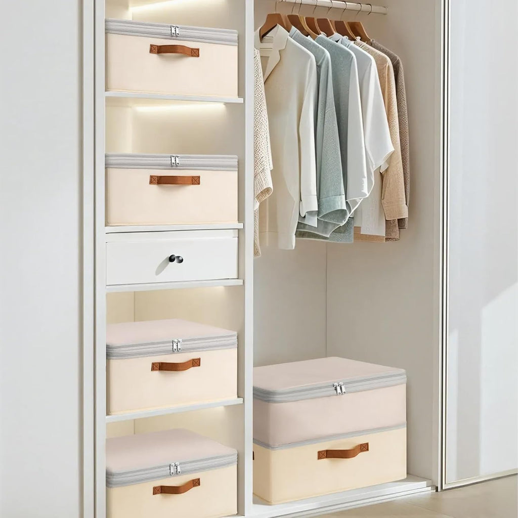 Large Closet Storage Bins - Compression Organizer Bins, Stackable Closet Organizer, Expandable Under Bed Storage Containers for Clothes, Towels, Sheet, 2 Pack, Beige