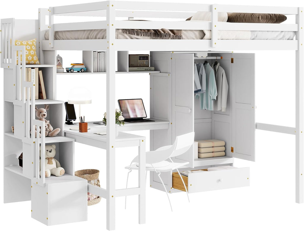 mikibama Full Size Solid Pinewood Loft Bed with Storage Stairs,Charging Station,Bookshelf,Safety Guardrails,Desk and Wardrobe & Drawer for Bedroom,No Box Spring Needed,Easy Assembly,White