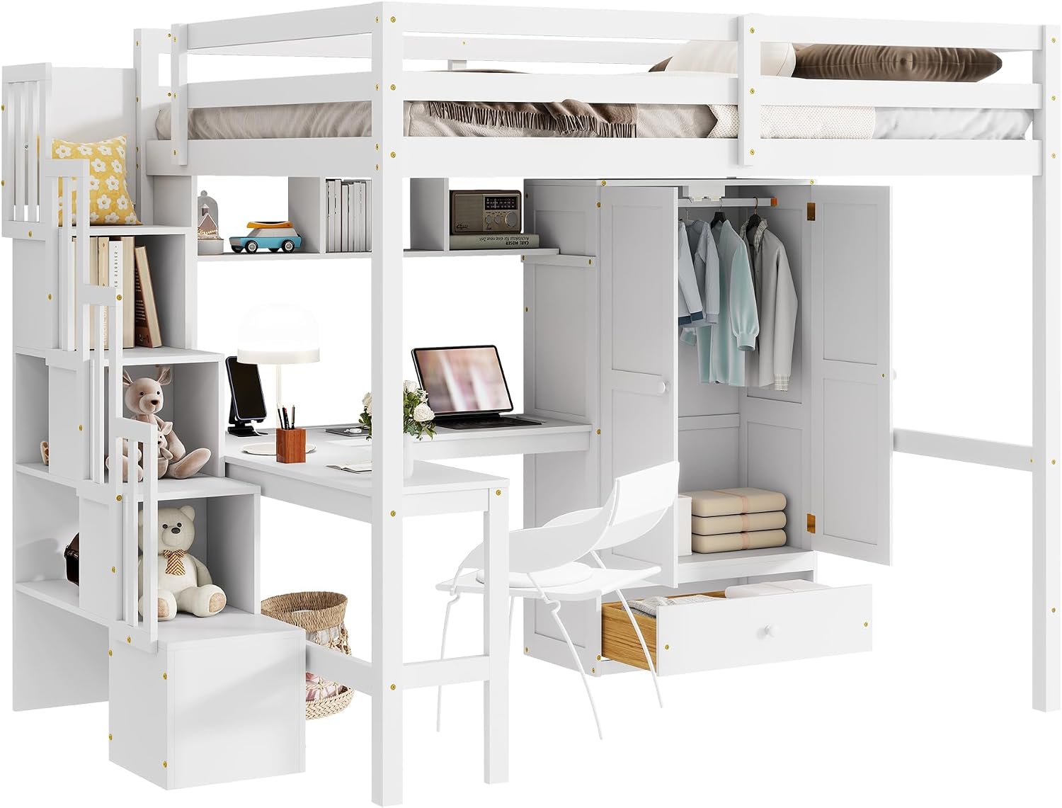 mikibama Full Size Solid Pinewood Loft Bed with Storage Stairs,Charging Station,Bookshelf,Safety Guardrails,Desk and Wardrobe & Drawer for Bedroom,No Box Spring Needed,Easy Assembly,White