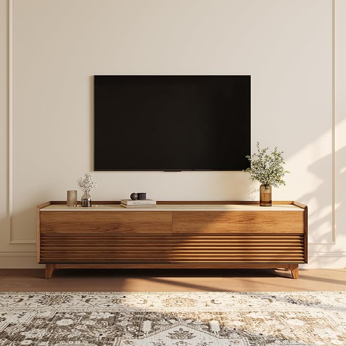 POVISON Fully-Assembled Mid Century Matte Sintered Stone TV Stand with Legs, 78.74" Wood Media Console with Adjustable LED Light, Entertainment Center with Storage for Living Room