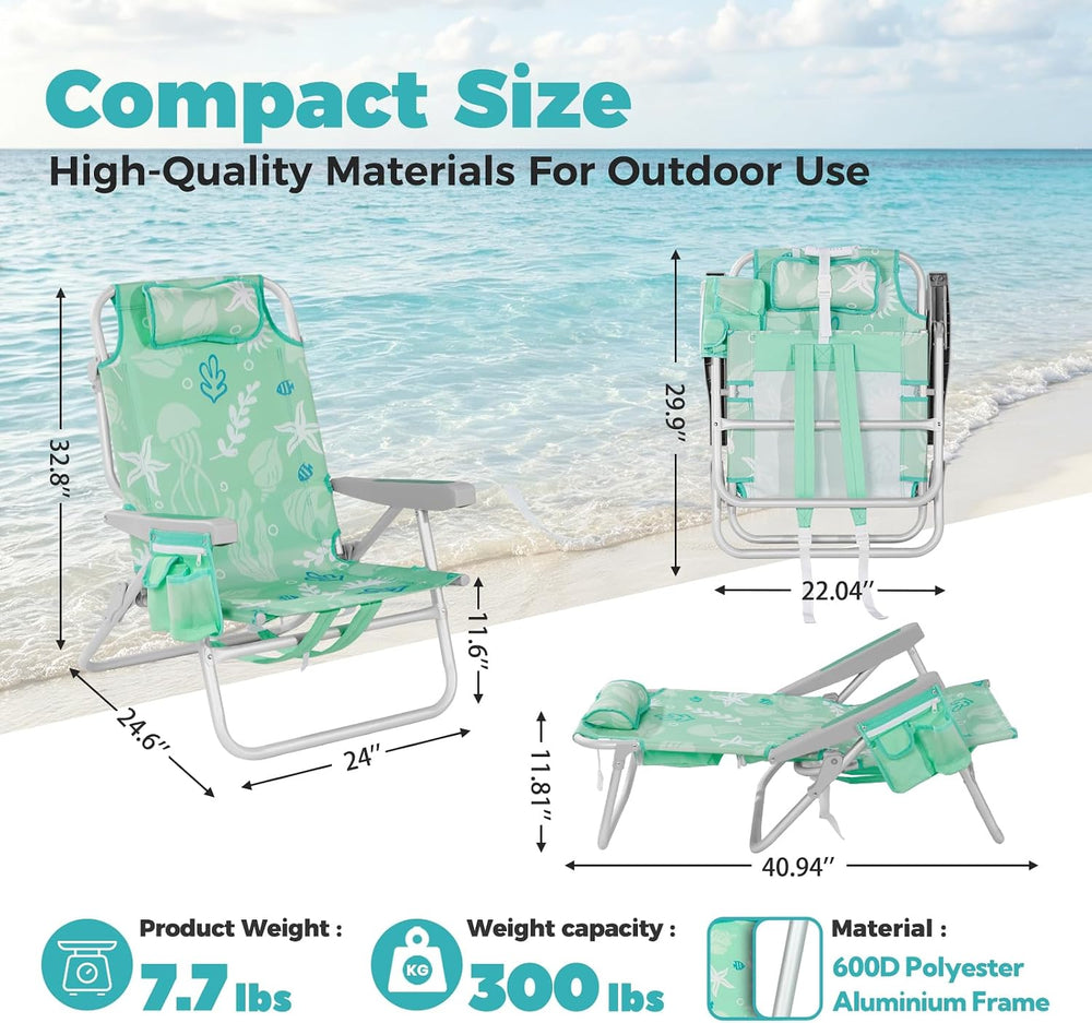 Low Beach Chairs for Adults - 5-Position Lay-Flat Backpack Chair with Large I...