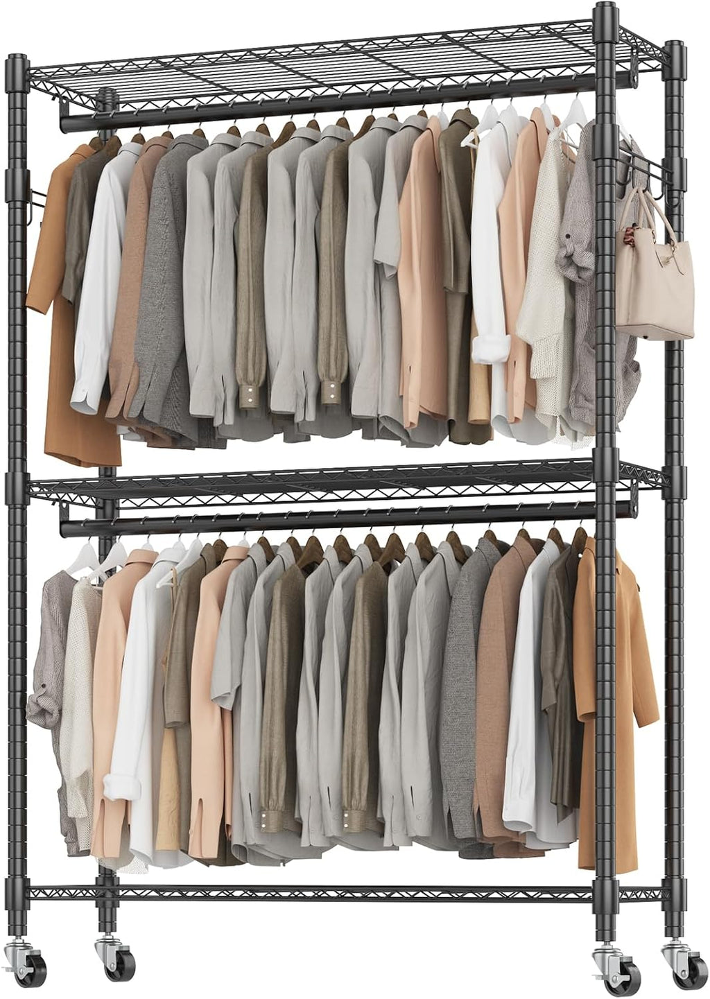 BATHWA Heavy Duty Garment Rack on Wheels, Rolling Clothes Racks for Hanging Storage, Simple Sturdy Metal Wardrobe Closet with Double Rods, 8 Side Hangers, 3 Shelves, Black