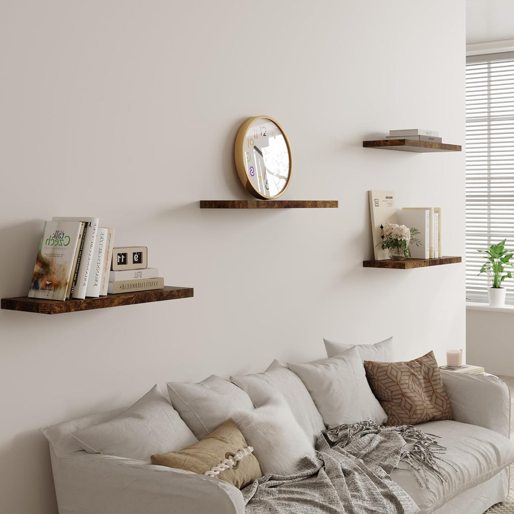 Wall Shelf Set of 3, Rustic Brown Floating Shelves 30 in W x 10 in D x 1 in H, Wooden Floating Wall Shelf with Invisible Brackets for Living Room/Bedroom/Bathroom/Kitchen Storage and Decor