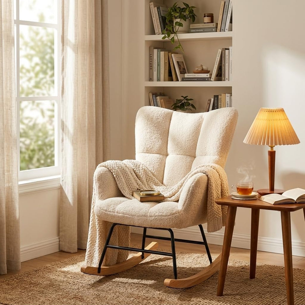 Teddy Upholstered Wingback Rocking Chair, Soft Padded Indoor Reading Glider C...