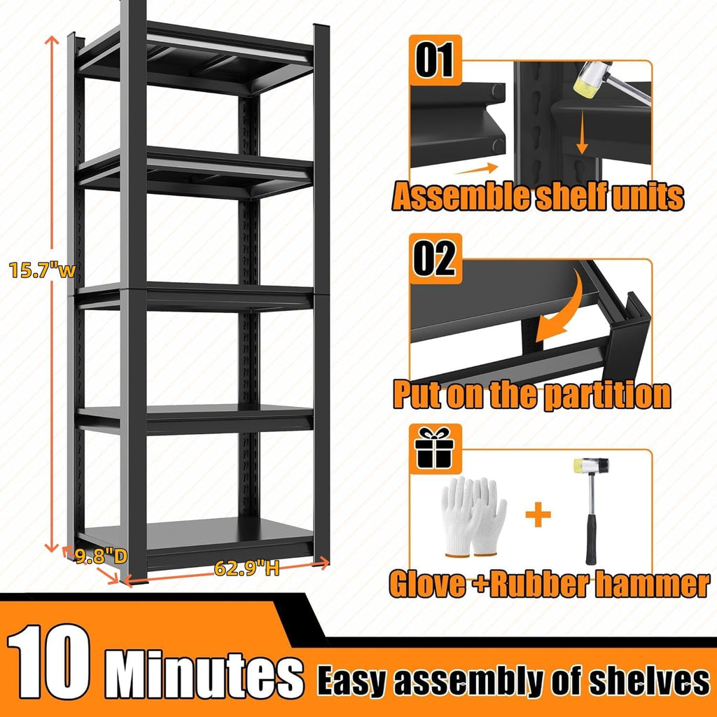 5-Tier Slim Metal Shelving Unit, Adjustable Narrow Standing Shelf for Kitchen Pantry, Bathroom, Laundry Room & More | 16" Wide, 10" Deep, 63" High | Space-Saving Storage for Small Spaces
