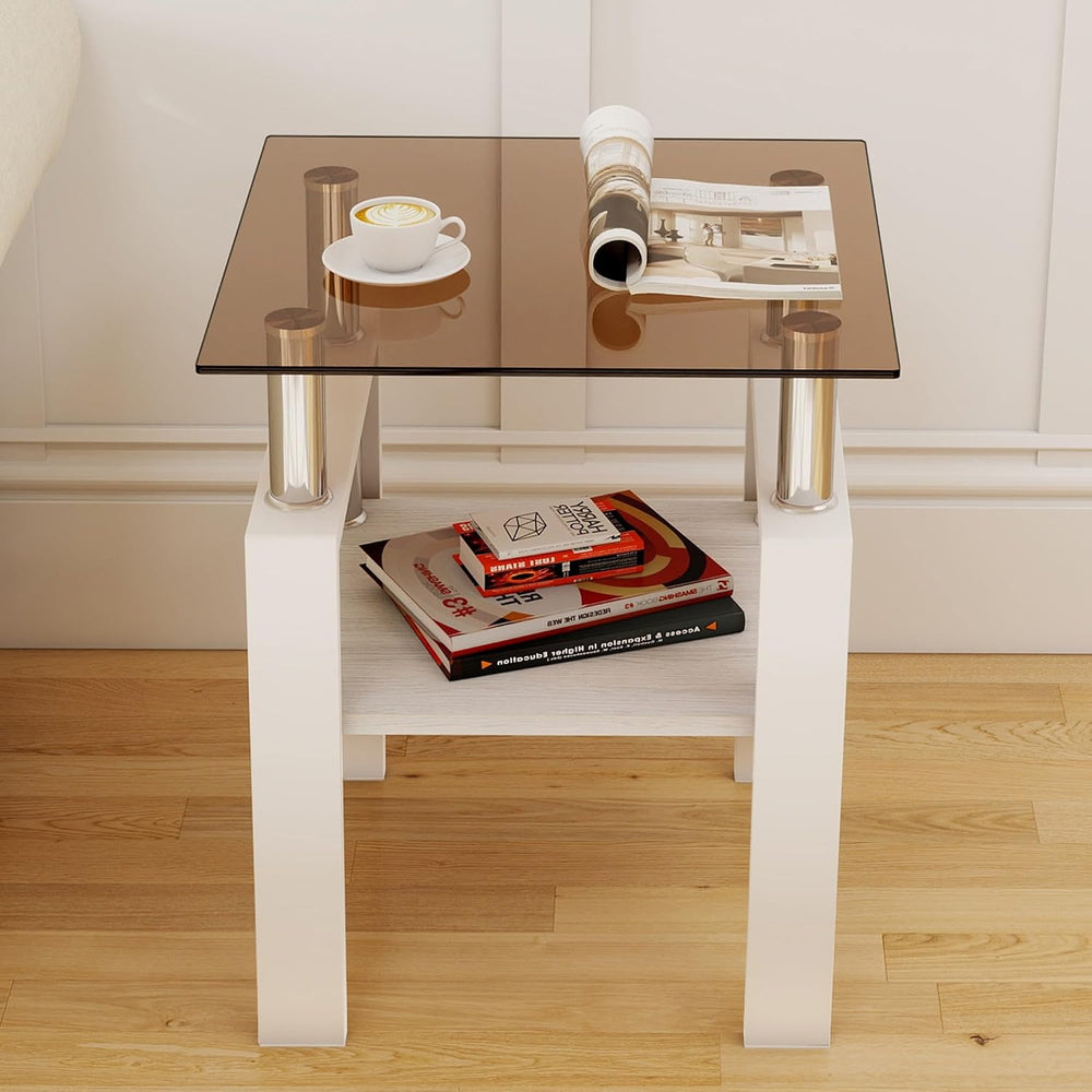 Set of 2 Glass End Table, 2-Layer Glass Living Room Table, Modern Tea Table S...