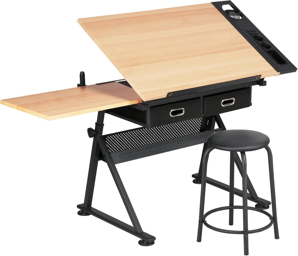 Yaheetech Adjustable Drafting Table Art Desk, Storage Drawers & Stool, Wo...