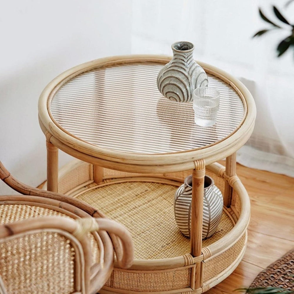 Mlaea Double-Layer Round Rattan Surface/Glass Surface Small Table, Living Roo...
