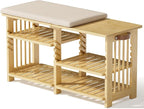 Amazer Bamboo Shoe Rack Bench, 3-Tier Shoe Bench Height Adjustable, Entry Bench with Side Storage Strap, Shoes Organizer Storage Bench, Shoe Shelf with Seat Cushion for Entryway, Living Room, Hallway