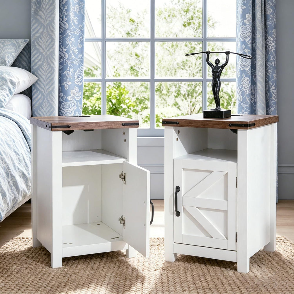White Farmhouse End Table Set of 2, Rustic Nightstand with Barn Door and Shel...