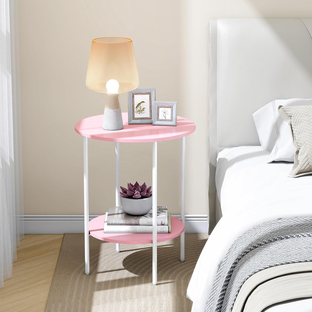Side Table,Round End Table with 2 Storage Shelves| Compact Side Tables for Li...