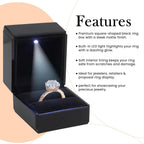 Novel Box Square Shaped Black Ring Box With LED Light 2.25X2X2.5 Inches - Jewelry Ring Case Best for Jewelry Displays - Gift Boxes for Mother's Day, Engagement, Anniversary & more Happy Occasions