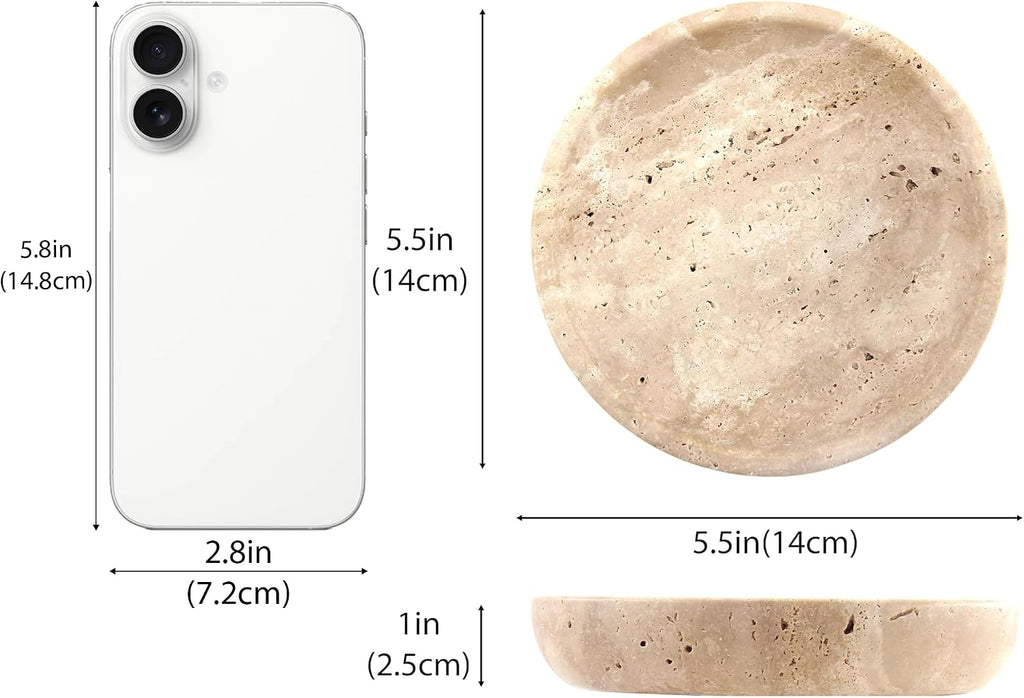 Small Natural Marble Jewelry Tray Key Plate Holder Dish Trinket Decor Catch All Bowl for Ring Earring Stone Gift for Women Daugther,Beige Travertine，5.5"