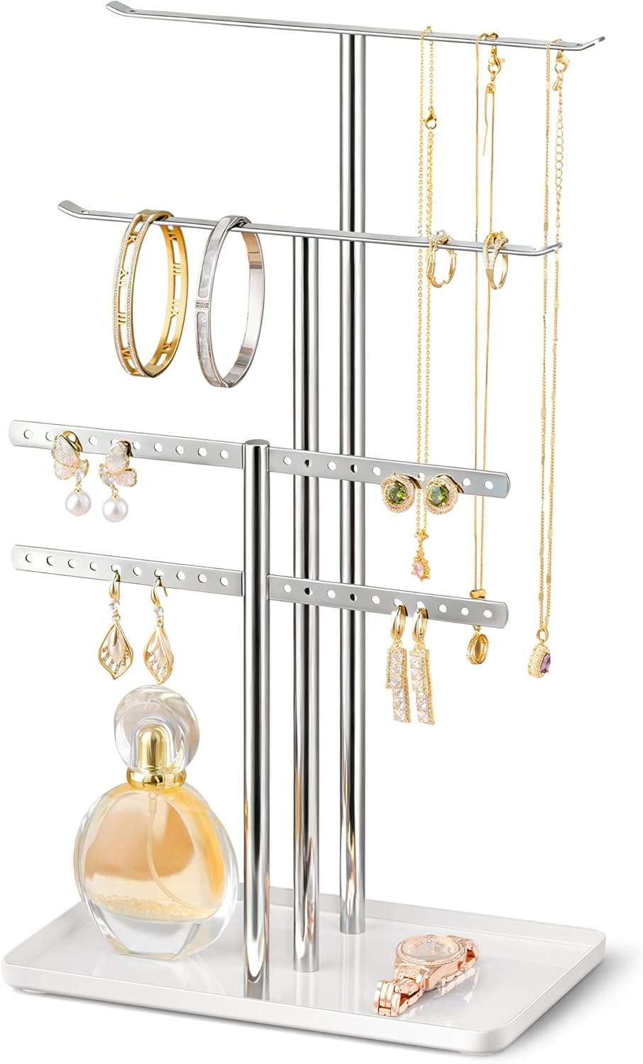 pickpiff Silver Jewelry Stand Holder Organizer: 14.5" Sturdy Hanger for 80 Pcs Jewelry, Chrome Jewlery Tower for Display Necklace, Earring, Bracelet, Watch