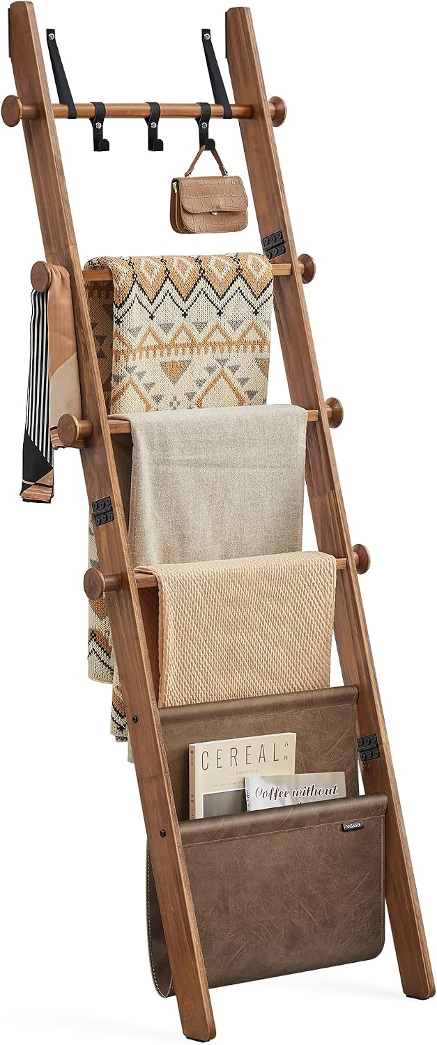 VASAGLE Blanket Ladder for Living Room, 5-Tier Wooden Ladder Shelf, Decorativ...