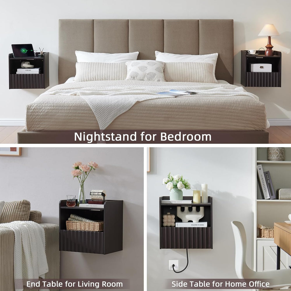 Modern Fluted Floating Nightstand Wall Mounted - Bedside Table with Storage D...