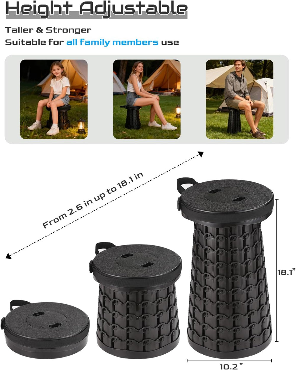 18-in Collapsible Stool,Portable Telescoping Seat for Adults,880lb Capacity