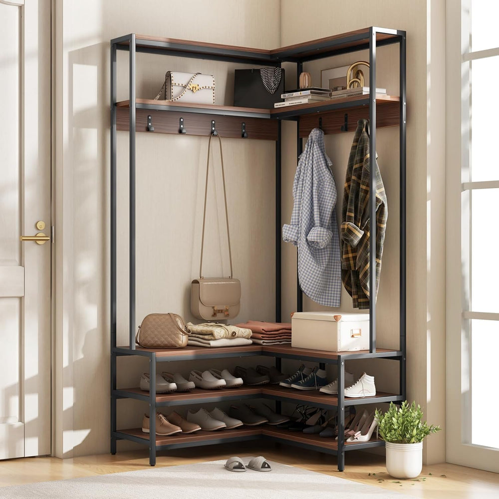 Tangkula Corner Hall Tree, 70 Inch Coat Rack with Bench and Shoe Storage, Ent...