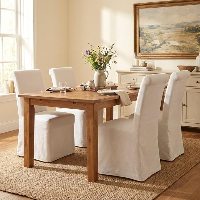 Parsons Dining Chairs Set of 4 Fabric Upholstered Kitchen Chairs with Wood Legs Armless High Back Side Chairs with Removable Skirt for Dining/Living Room,Banquet, Beige