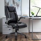 COLAMY Ergonomic Office Chair, High Back Leather Desk Chair with Adjustable Lumbar Knob, Thick Cushion Seat, Flip-up Armrests, Rocking Function, Computer Chair for Home Office, Black