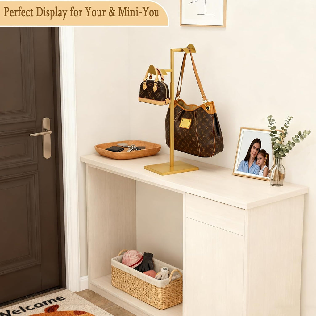 2 Pack Purse Holder for Closet, Dual Hook Purse Stands for Display, Stainless Steel Bag Hanger, Adjustable Height Purse Rack Stand, Handbag Display Stand, Bag Hanger for Vendors Table Boutiques (Gold)