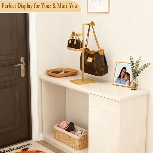 2 Pack Purse Holder for Closet, Dual Hook Purse Stands for Display, Stainless Steel Bag Hanger, Adjustable Height Purse Rack Stand, Handbag Display Stand, Bag Hanger for Vendors Table Boutiques (Gold)