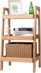 3-Tier Ladder Shelf, Solid Wood Ladder Bookshelf, Mid-Century Modern Leaning Shelves, Oak Wooden Floor Bookcase w/Storage Rack, End Side Table for Living Room Kitchen Bedroom, Natural