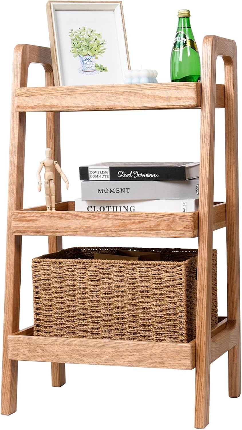 3-Tier Ladder Shelf, Solid Wood Ladder Bookshelf, Mid-Century Modern Leaning Shelves, Oak Wooden Floor Bookcase w/Storage Rack, End Side Table for Living Room Kitchen Bedroom, Natural