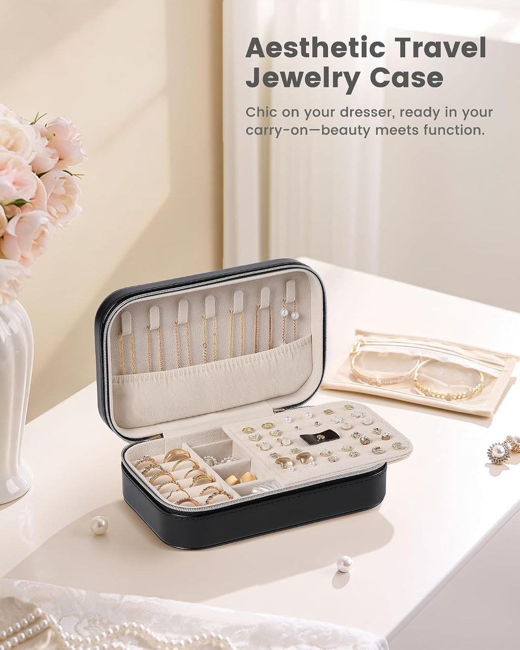 Lolalet Travel Jewelry Case for Women Girls, PU Leather Jewelry Organizer with Clear Storage Bag Small Portable Jewelry Box for Necklace Bracelet Earring Ring Birthday Bridesmaid Gifts -Medium/Black