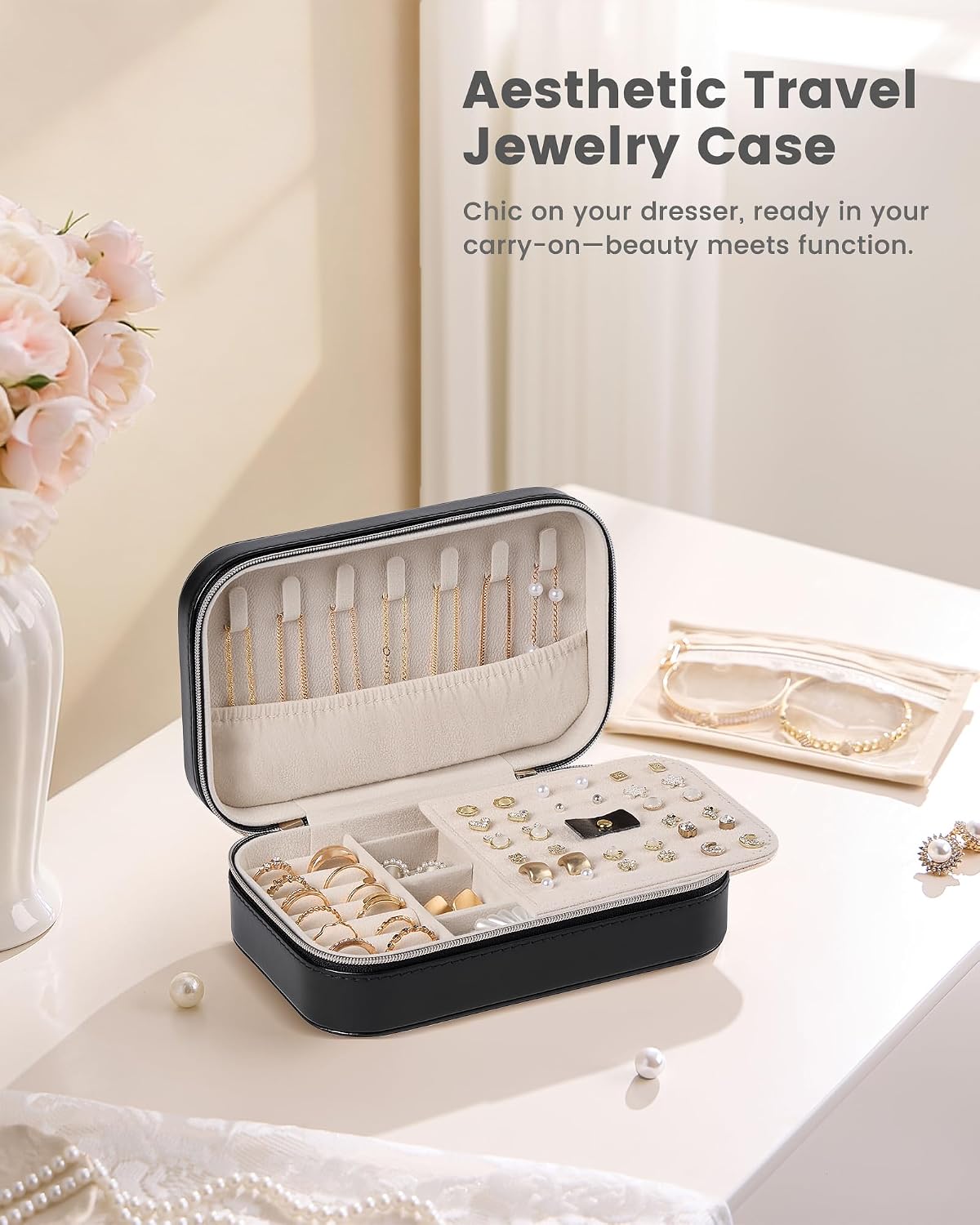 Lolalet Travel Jewelry Case for Women Girls, PU Leather Jewelry Organizer with Clear Storage Bag Small Portable Jewelry Box for Necklace Bracelet Earring Ring Birthday Bridesmaid Gifts -Medium/Black