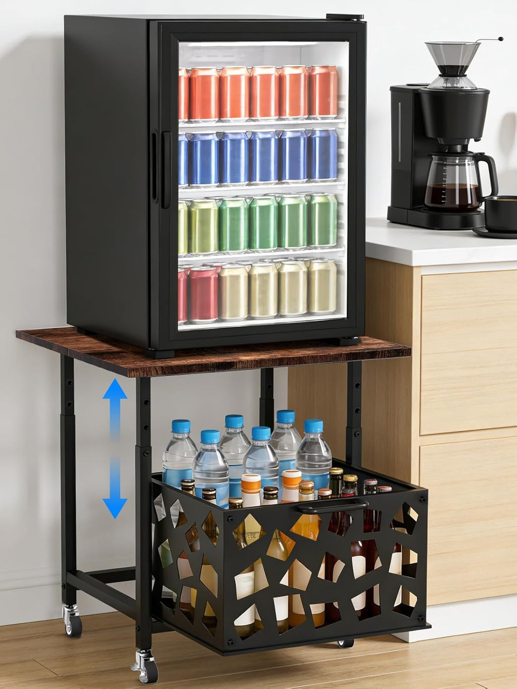 Mini Fridge Stand with Storage Basket 19.7", Beverage Refrigerator Stand with Wheels, Adjustable Height Mini Fridge Cabinet, Heavy Duty Fridge Table for Dorm, Office, Apartment, Kitchen (Brown)