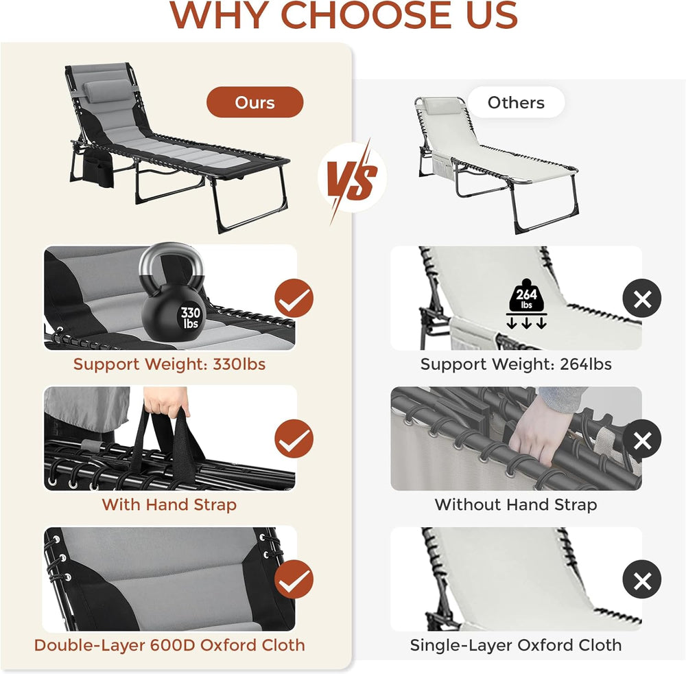 TLSUNNY Padded Folding Lounge Chair, Portable Reclining Chair with Pillow &am...
