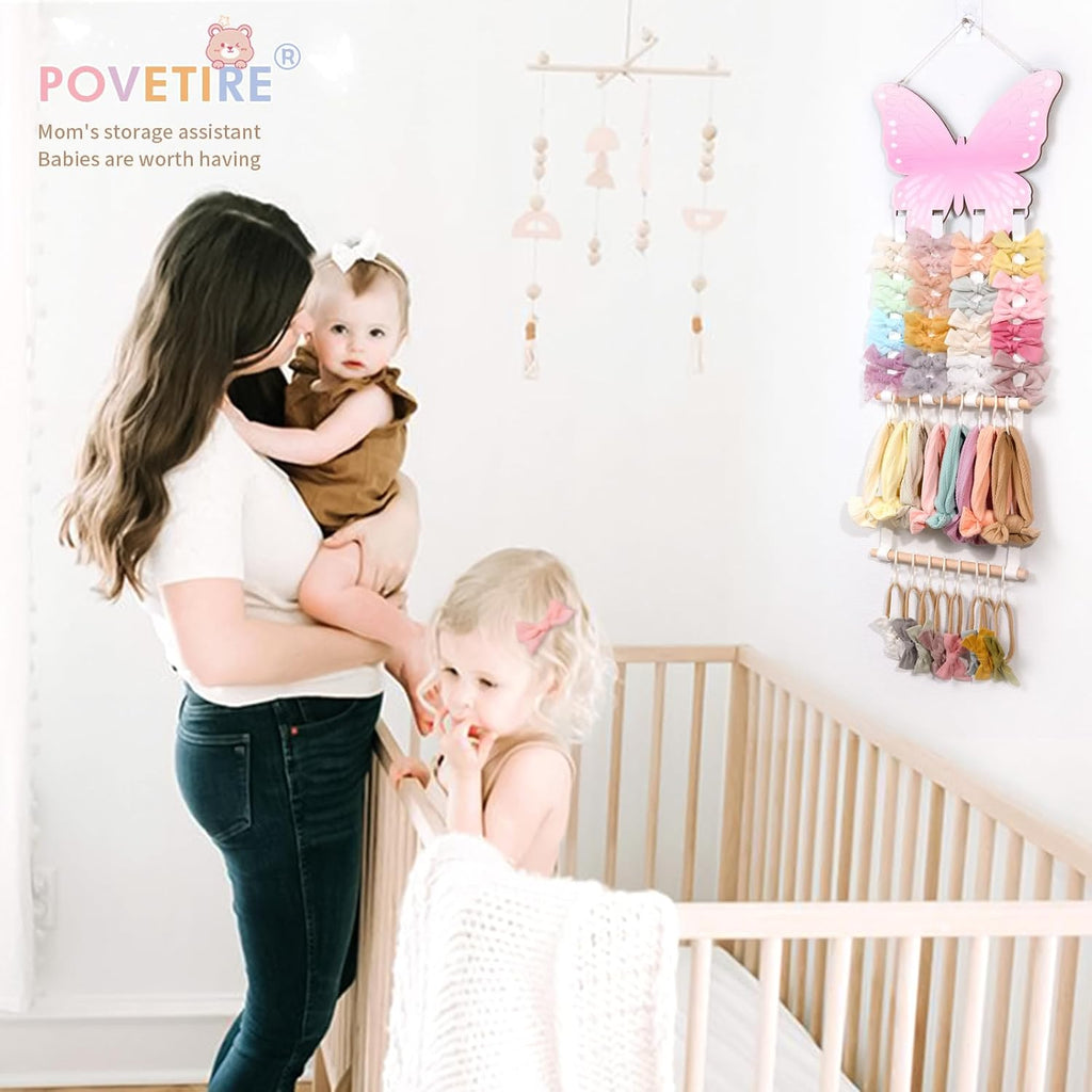 POVETIRE Headband Holder Bow Holder for Girls Hair Bows,Butterfly Hair Accessories Organizer Storage Wall Hanging Display for Nursery Toddler Girls Room